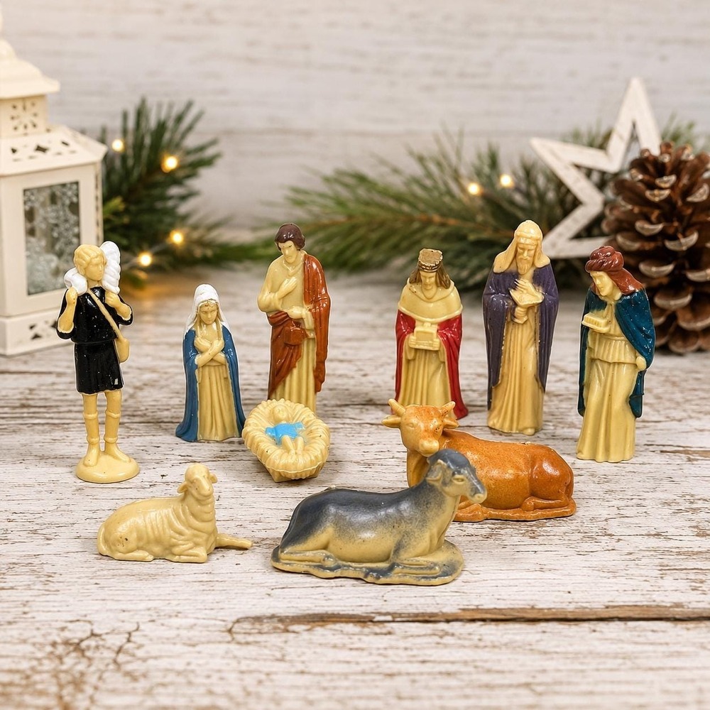 Vintage Miniature Nativity Set 10 Pc Plastic Mary Joseph Wise Men Animals Decor
